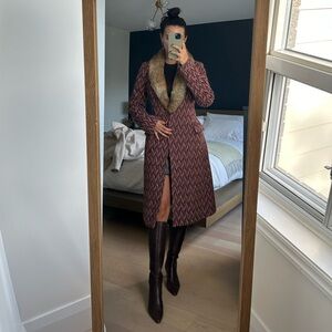 Club Monaco Patterned Wool Coat with Rabbit Fur Collar